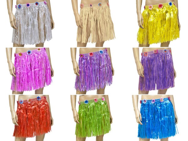 Alsino Damen Hula Hawaii Rock ca. 40 cm lang in Einheitsgröße aus Kunstbast mit Kunststoffblumen verziert