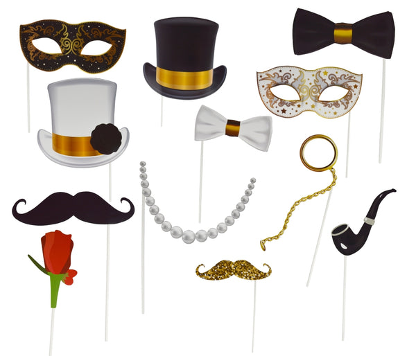 12 Stück Foto-Requisiten Party Foto Set Verkleidung Fotobooth Neujahr Silvester Motto-Party Fotobox Geburtstag Karneval Hochzeit