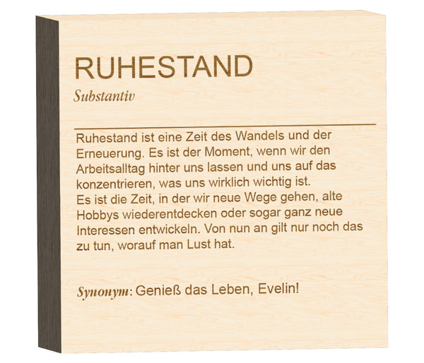 Alsino Definition Holzblock Schild - RUHESTAND - Personalisierbares Wand- und Tischdekor für Zuhause und Büro