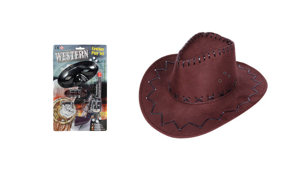 Brauner Cowboyhut-Set Erwachsene KV-270 Party Karneval Fasching Mottoparty Spielzeug Revolver Sheriff-Stern Munition & Schwarze Räuber Maske