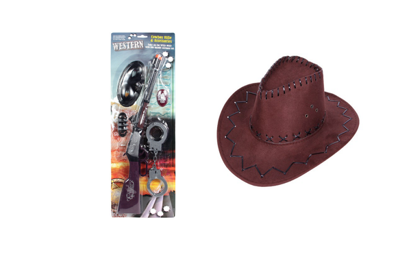 Brauner Cowboyhut-Set Erwachsene KV-271 Party Karneval Fasching Mottoparty Spielzeug Revolver Sheriff-Stern Munition & Handschellen