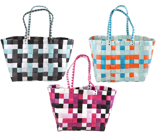 Alsino Einkaufskorb gewebte Kunststoff-Einkaufstasche - robuste Strandtasche Schachbrettmuster Leder Einkaufskorb