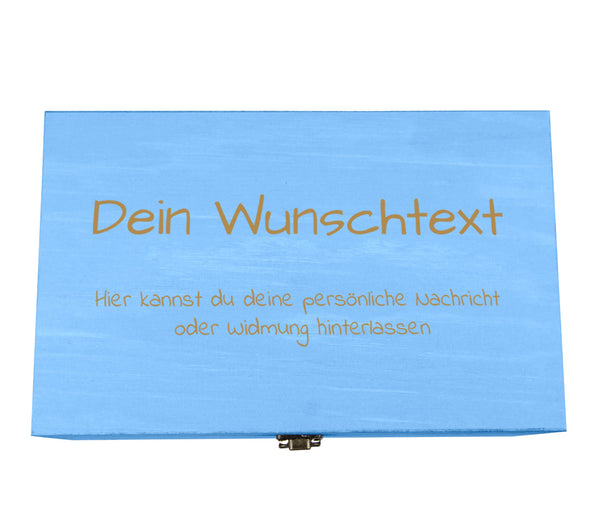 Holzkiste blau personalisierbar mit Gravur Geschenkbox Wunschtext