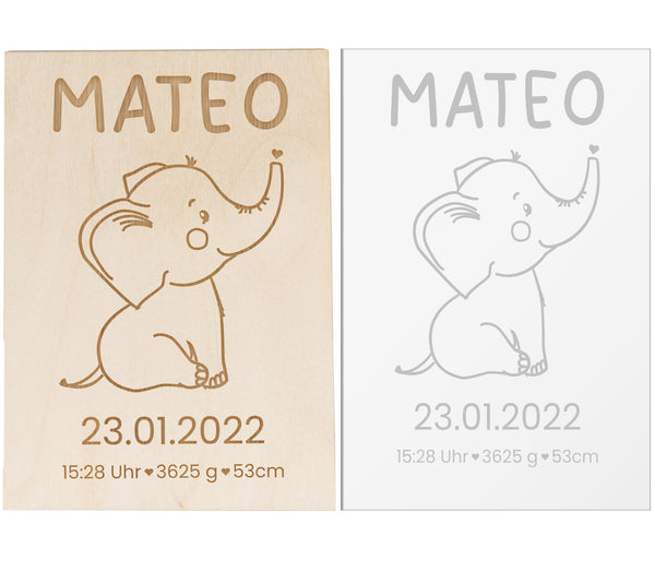 Geschenk zur Geburt personalisiert Elefant Motiv Holzaufsteller Geschenk Wunschgravur