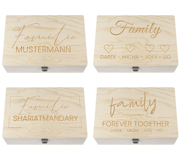 Holzkiste mit Deckel und Familienmitglieder - personalisiert Natur Aufbewahrungskiste Erinnerungsbox & Geschenkkiste
