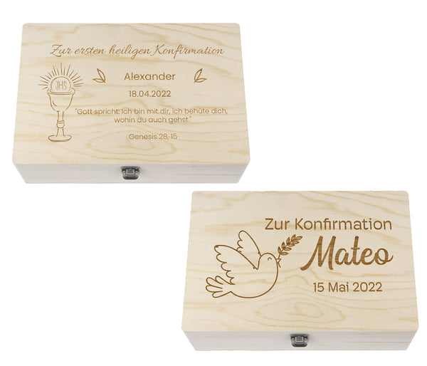 Holzkiste mit Deckel für die Konfirmation personalisiert - Geschenkidee